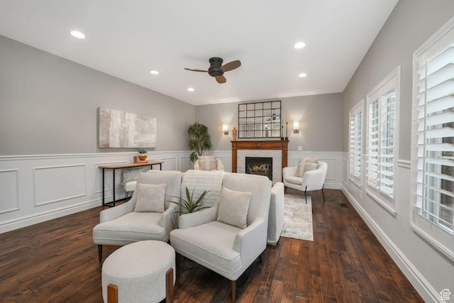 13234 S Lone Rock Dr E, Draper, UT 84020 - living room featuring dark hardwood / wood-style floors, ceiling fan, and a fireplace