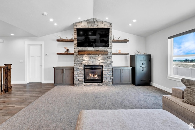 1021 N 600 E, Morgan, UT 84050 - living area featuring vaulted ceiling, baseboards, wood finished floors, recessed lighting, and a fireplace