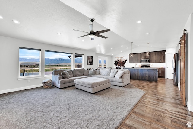 1021 N 600 E, Morgan, UT 84050 - living area featuring vaulted ceiling, ceiling fan, recessed lighting, wood finished floors, and a barn door
