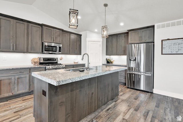 1021 N 600 E, Morgan, UT 84050 - kitchen featuring appliances with stainless steel finishes, a sink, recessed lighting, light wood-type flooring, and pendant lighting