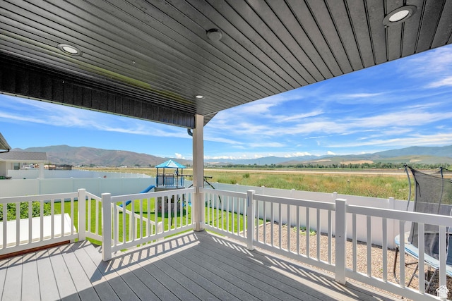 1021 N 600 E, Morgan, UT 84050 - wooden terrace with a playground, a fenced backyard, a trampoline, and a water and mountain view