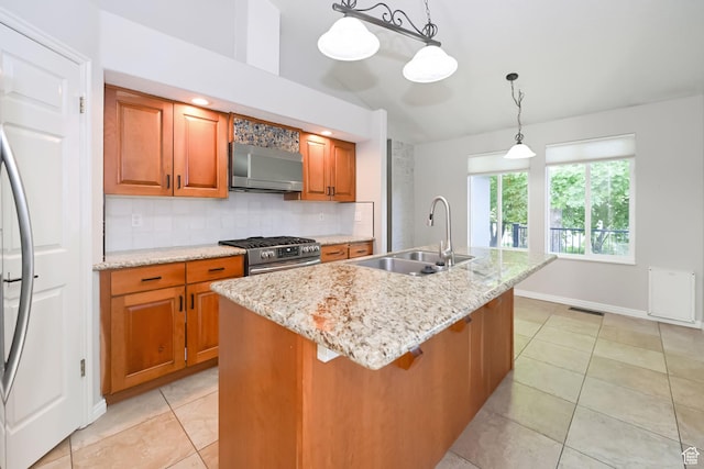 3568 N 500 E, North Ogden, UT 84414 - kitchen with a sink, wall chimney exhaust hood, stainless steel appliances, brown cabinetry, and backsplash