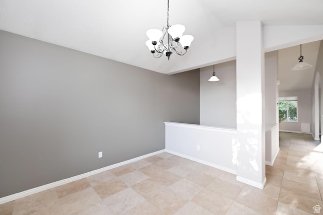 3568 N 500 E, North Ogden, UT 84414 - unfurnished room with a chandelier, vaulted ceiling, baseboards, and light tile patterned floors