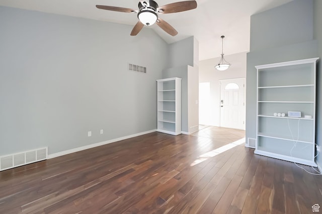 3568 N 500 E, North Ogden, UT 84414 - unfurnished living room featuring high vaulted ceiling, wood finished floors, ceiling fan, and baseboards