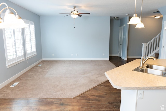 1645 W 430 N, Lindon, UT 84042 - interior space featuring pendant lighting, ceiling fan, dark hardwood / wood-style floors, and sink