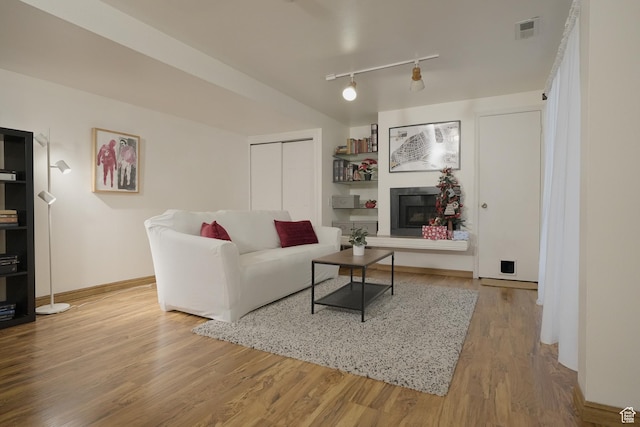 living room with rail lighting and wood-type flooring