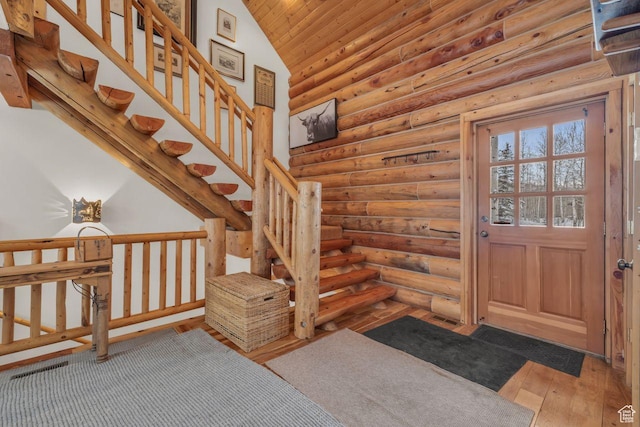 4125 S Buck Way Unit 1958, Heber City, UT 84032 - interior space featuring high vaulted ceiling, hardwood / wood-style flooring, rustic walls, and wooden ceiling