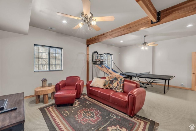 4125 S Buck Way Unit 1958, Heber City, UT 84032 - carpeted living room with ceiling fan and beam ceiling