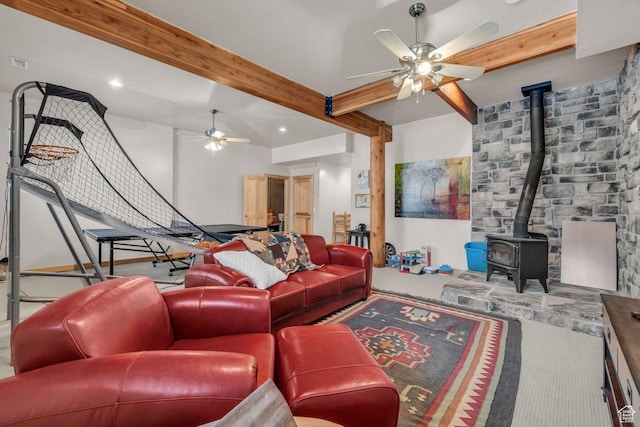 4125 S Buck Way Unit 1958, Heber City, UT 84032 - living room featuring beam ceiling, a wood stove, and ceiling fan