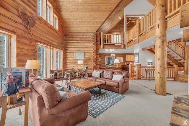4125 S Buck Way Unit 1958, Heber City, UT 84032 - living room with light carpet, high vaulted ceiling, ceiling fan, rustic walls, and wood ceiling