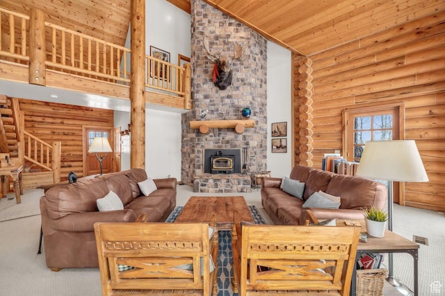 4125 S Buck Way Unit 1958, Heber City, UT 84032 - living room featuring rustic walls, a wood stove, wooden ceiling, high vaulted ceiling, and carpet floors