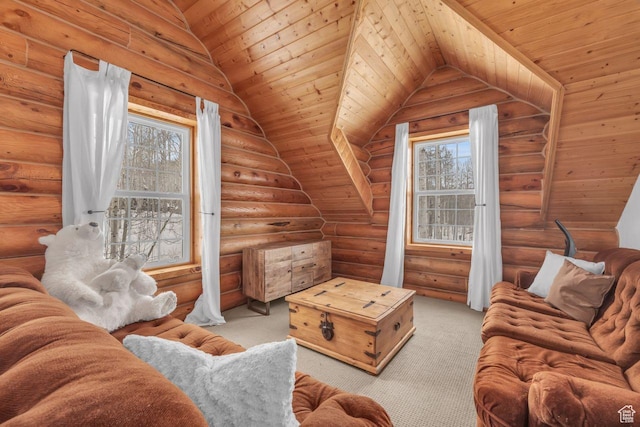 4125 S Buck Way Unit 1958, Heber City, UT 84032 - carpeted living room with log walls, vaulted ceiling, and wooden ceiling