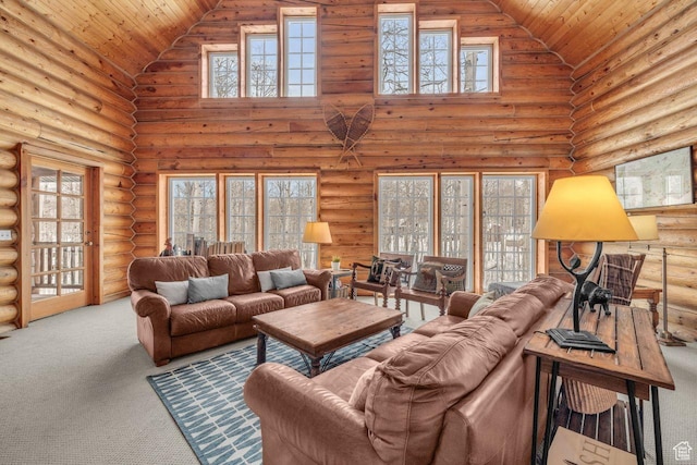 4125 S Buck Way Unit 1958, Heber City, UT 84032 - carpeted living room with rustic walls, high vaulted ceiling, and wooden ceiling
