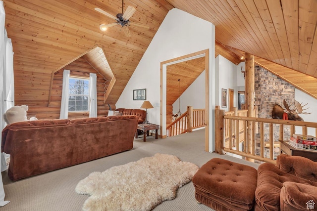 4125 S Buck Way Unit 1958, Heber City, UT 84032 - carpeted living room with ceiling fan, wood ceiling, and lofted ceiling