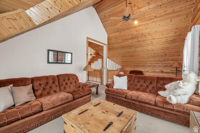 4125 S Buck Way Unit 1958, Heber City, UT 84032 - living room with carpet flooring, high vaulted ceiling, ceiling fan, and wooden ceiling