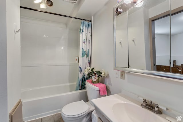 full bathroom with tile patterned floors, vanity, toilet, and shower / bathtub combination with curtain