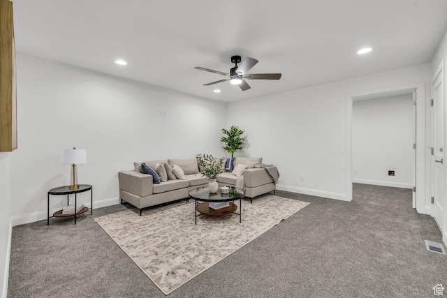 233 E Burch Creek Pl S, Ogden, UT 84405 - carpeted living room with baseboards, recessed lighting, visible vents, and ceiling fan