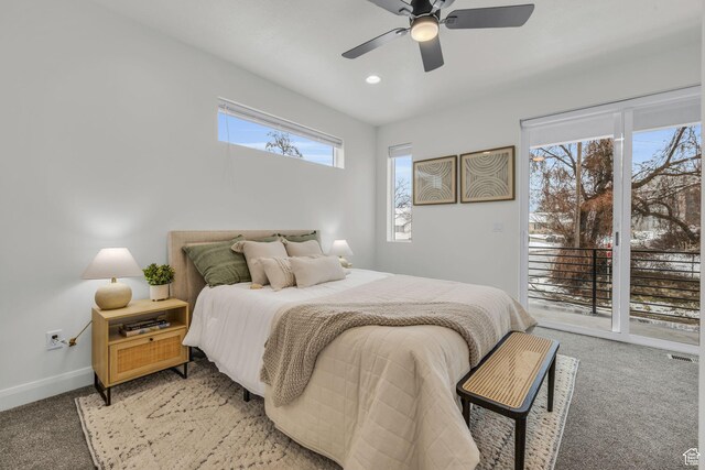 233 E Burch Creek Pl S, Ogden, UT 84405 - bedroom featuring visible vents, baseboards, light colored carpet, a ceiling fan, and access to outside