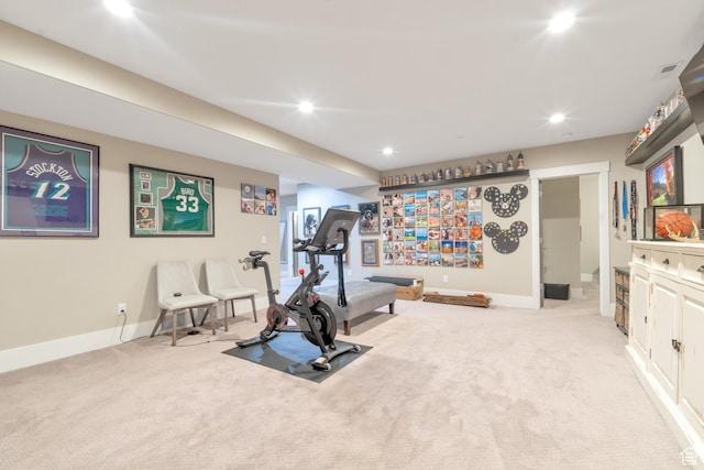 exercise area with light carpet, recessed lighting, and baseboards