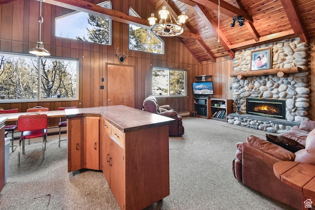 51 Aspen Loop 51&52, Oakley, UT 84055 - kitchen with a wooden ceiling with exposed beams, open floor plan, high vaulted ceiling, a chandelier, and a stone fireplace