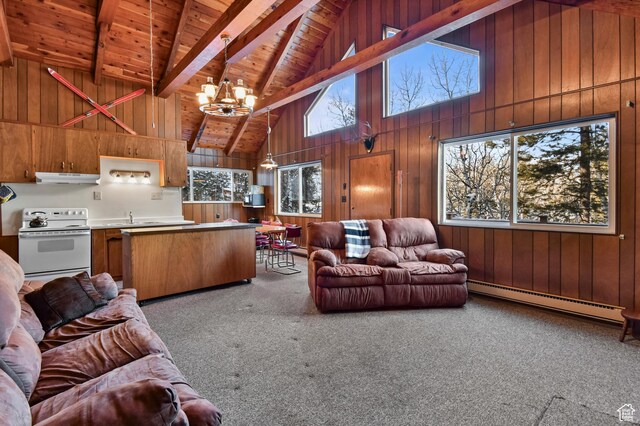 51 Aspen Loop 51&52, Oakley, UT 84055 - living room featuring a baseboard radiator, a chandelier, a wood ceiling with exposed beams, high vaulted ceiling, and wood walls