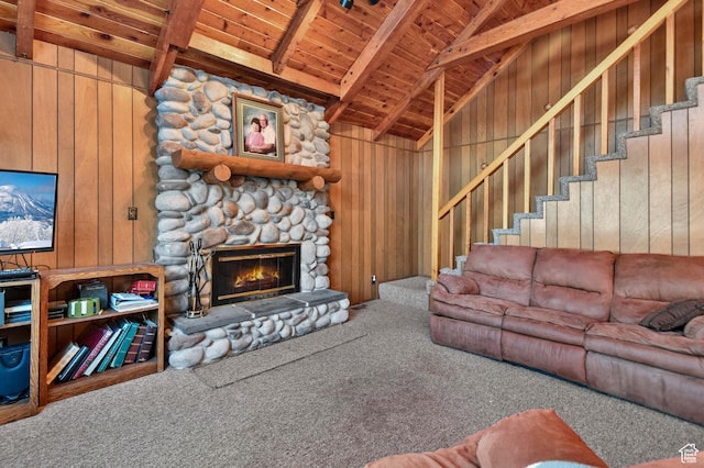 51 Aspen Loop 51&52, Oakley, UT 84055 - carpeted living area featuring wood ceiling, wood walls, a fireplace, and stairs