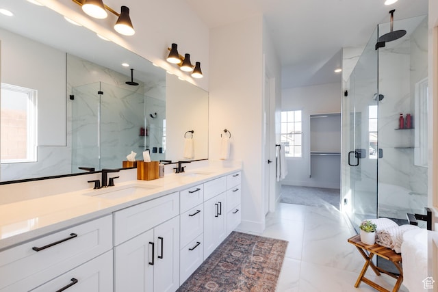 3305 W 2610 S, Hurricane, UT 84737 - full bath featuring a sink, double vanity, a marble finish shower, and recessed lighting