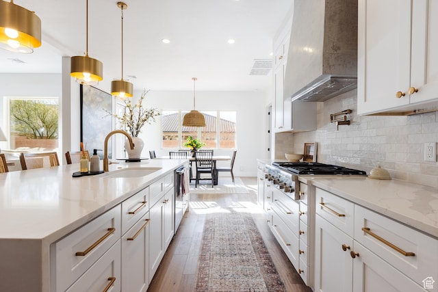 3305 W 2610 S, Hurricane, UT 84737 - kitchen featuring visible vents, a sink, wood finished floors, wall chimney range hood, and stainless steel appliances
