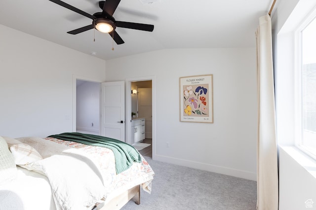 3305 W 2610 S, Hurricane, UT 84737 - bedroom featuring vaulted ceiling, carpet flooring, a ceiling fan, connected bathroom, and baseboards