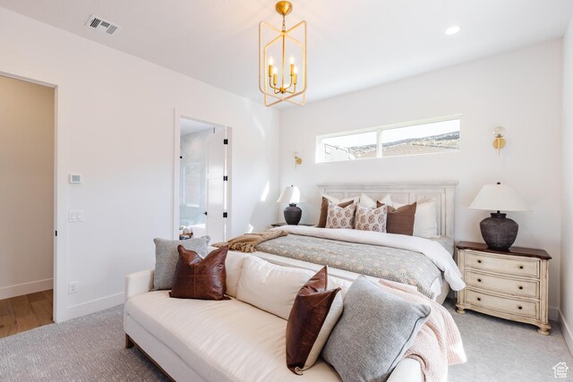 3305 W 2610 S, Hurricane, UT 84737 - bedroom featuring visible vents, recessed lighting, an inviting chandelier, light carpet, and baseboards