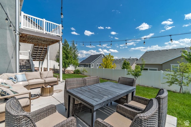 835 W Spring Dew Ln, Lehi, UT 84043 - view of patio featuring stairs, outdoor lounge area, outdoor dining space, a deck, and a residential view