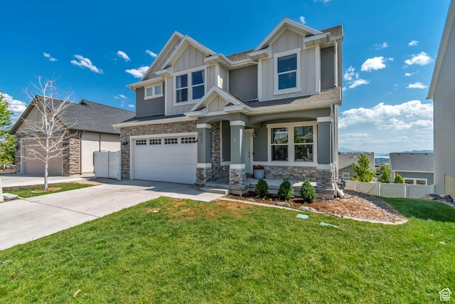 835 W Spring Dew Ln, Lehi, UT 84043 - craftsman-style home featuring stone siding, a garage, concrete driveway, board and batten siding, and a shingled roof
