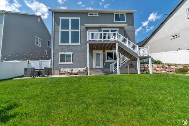 835 W Spring Dew Ln, Lehi, UT 84043 - back of house with an outdoor hangout area, a deck, stucco siding, and stairs