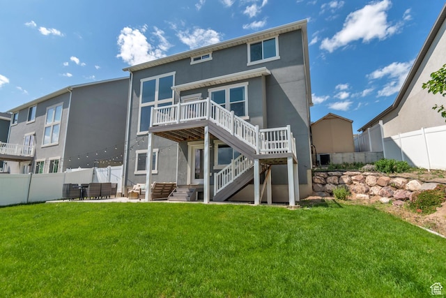 835 W Spring Dew Ln, Lehi, UT 84043 - rear view of house featuring a deck, stairs, stucco siding, and a patio area