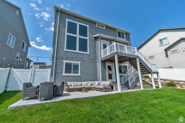 835 W Spring Dew Ln, Lehi, UT 84043 - back of house with an outdoor hangout area, stucco siding, a wooden deck, and stairs