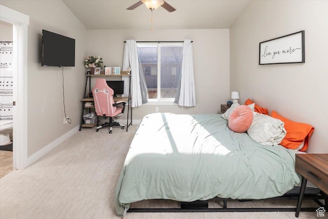 bedroom with carpet floors, ceiling fan, and lofted ceiling
