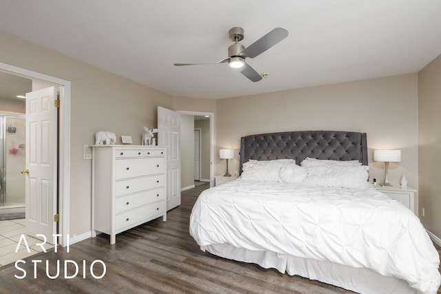 bedroom featuring wood finished floors, a ceiling fan, and baseboards