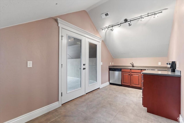 2493 S Aster Way, Saratoga Springs, UT 84045 - bar featuring visible vents, baseboards, vaulted ceiling, french doors, and dishwasher