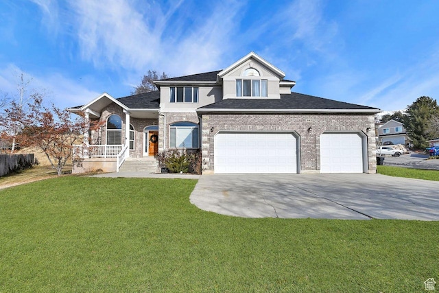 view of front of house with a front yard, a porch, and a garage
