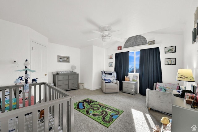 582 W 3900 N, Pleasant View, UT 84414 - bedroom featuring carpet, a nursery area, lofted ceiling, and ceiling fan