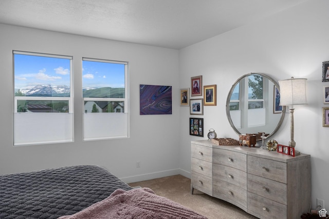 bedroom with baseboards and light colored carpet