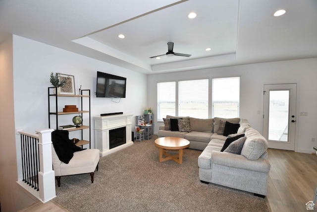 2129 N 3000 W, Plain City, UT 84404 - living area featuring recessed lighting, a fireplace, a raised ceiling, and wood finished floors