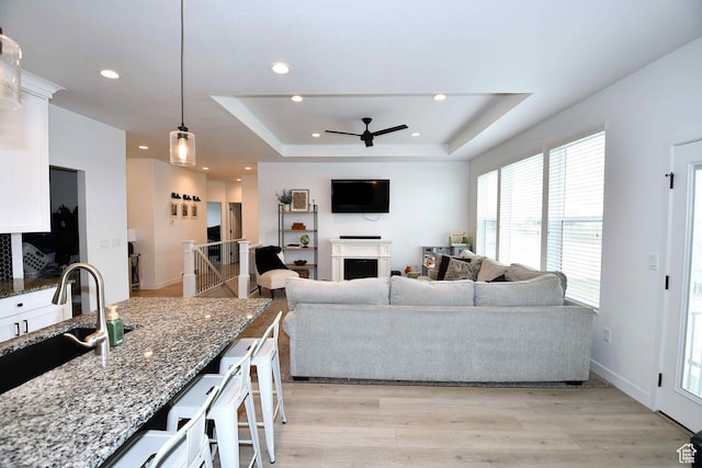 2129 N 3000 W, Plain City, UT 84404 - living room featuring a tray ceiling, light wood-style flooring, recessed lighting, and a fireplace