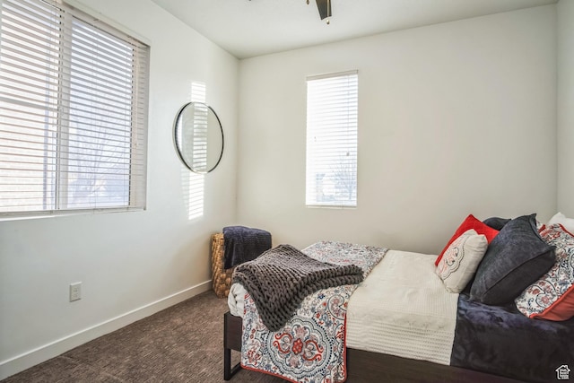 carpeted bedroom with ceiling fan and multiple windows
