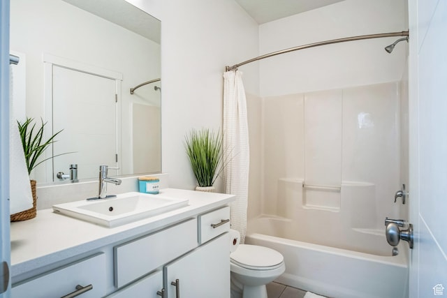 full bathroom with toilet, vanity, tile patterned flooring, and shower / bathtub combination with curtain
