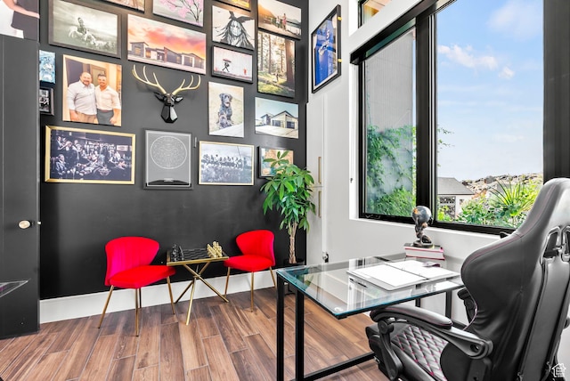home office with hardwood / wood-style floors