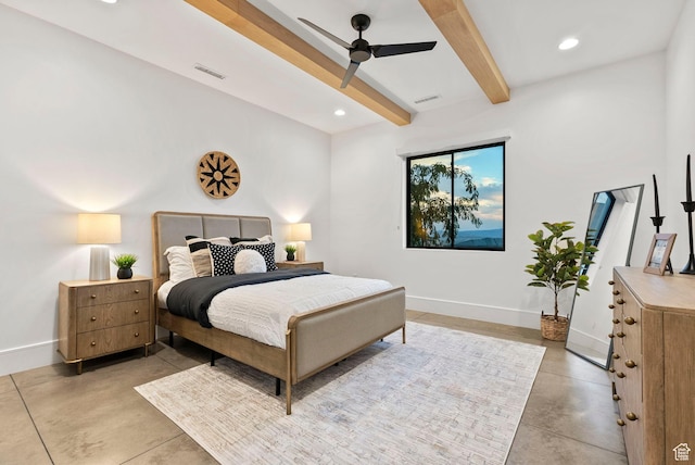 bedroom featuring beam ceiling and ceiling fan
