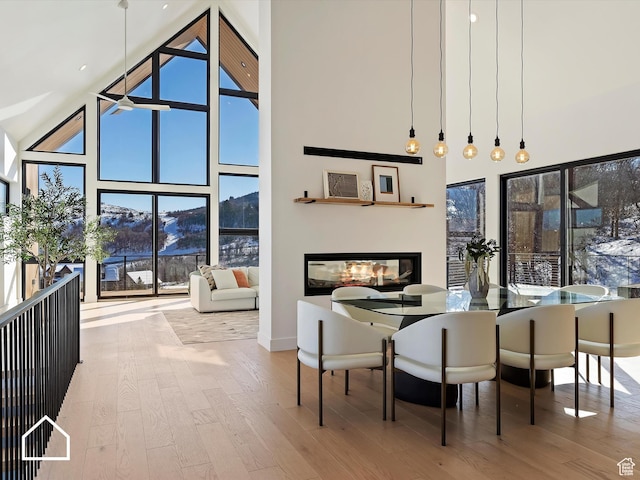 dining area with a multi sided fireplace, hardwood / wood-style flooring, a mountain view, and a healthy amount of sunlight