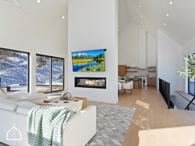 living room featuring a multi sided fireplace, high vaulted ceiling, and light hardwood / wood-style floors