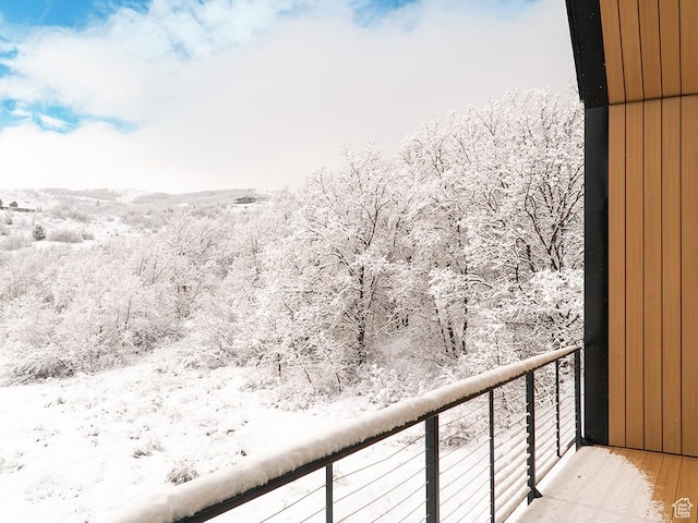view of snow covered back of property
